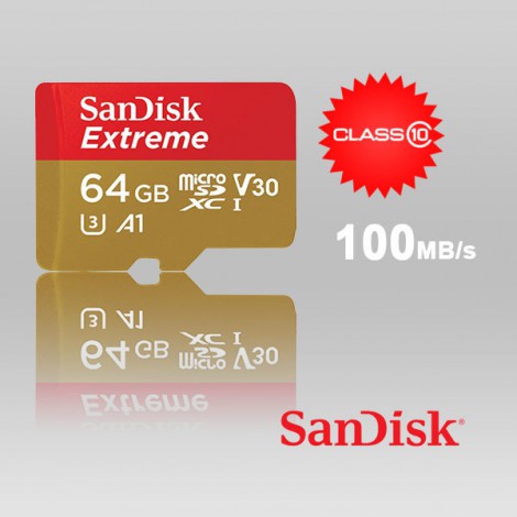 Sandisk Extreme MicroSDHC Class10 U3 A1 V30 Memory Card, 64GB (100 MB/s) Sandisk Extreme MicroSDHC Class10 U3 A1 V30 Memory Card, 64GB (100 MB/s)