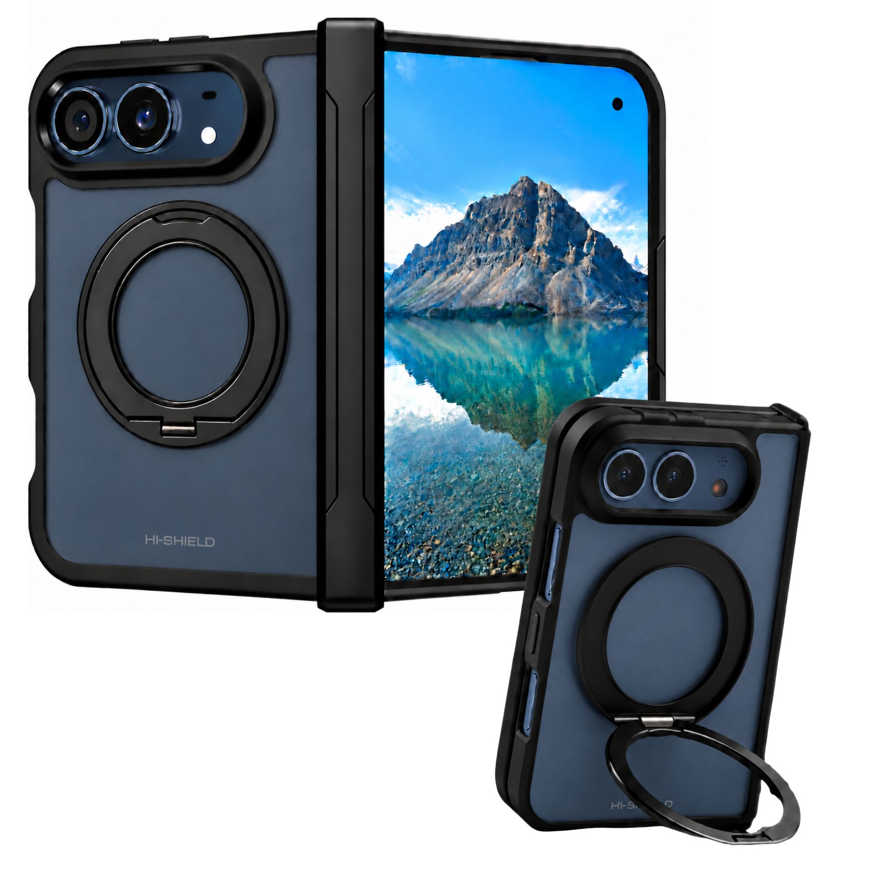 HiShield Magnetic Shield Stand สำหรับ iPhone Duo เคสดำด้านพร้อมวงแหวนขาตั้งในตัว