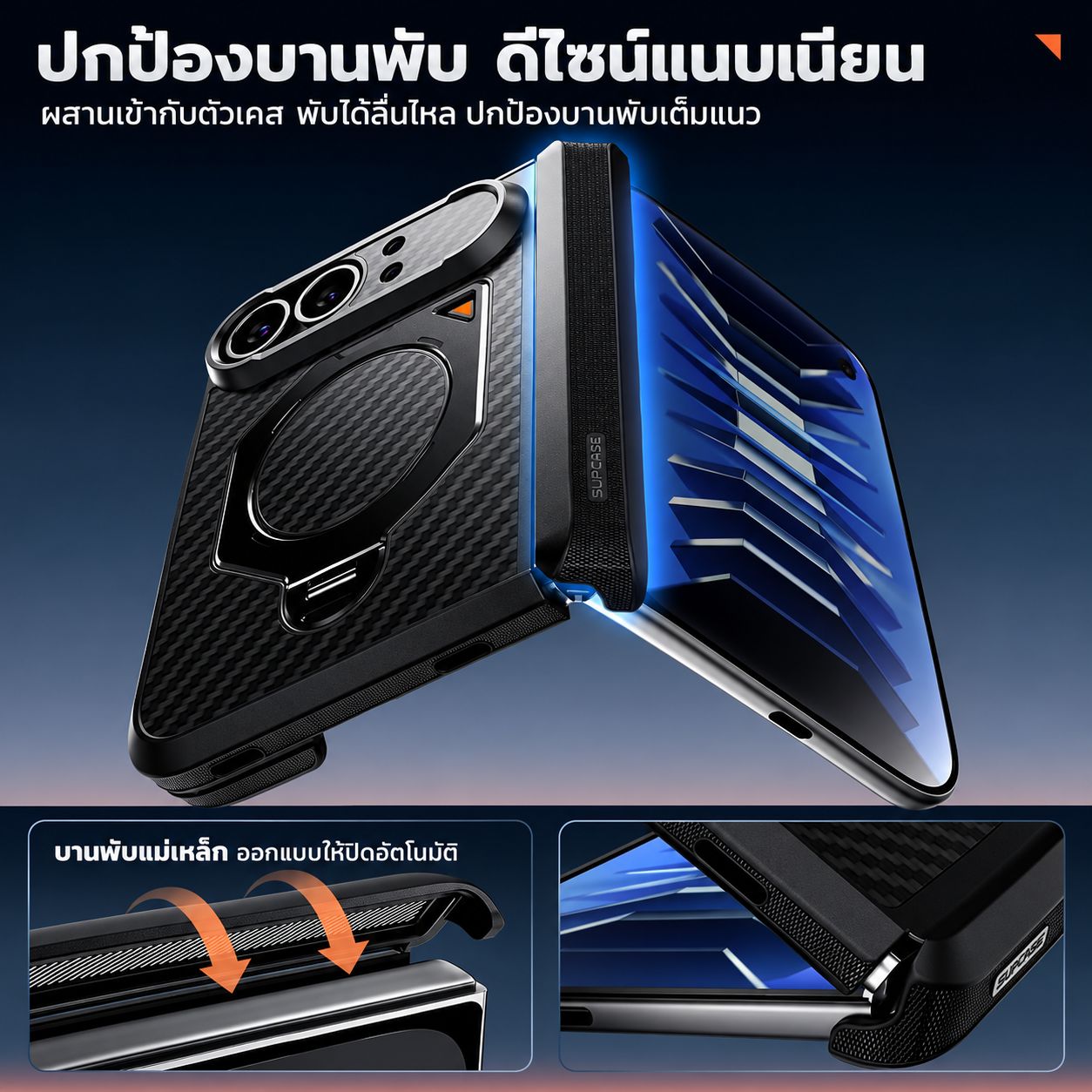 ส่วนปกป้องบานพับพร้อมกลไกแม่เหล็ก ออกแบบให้พับและกางได้สัมพันธ์กับตัวเครื่อง