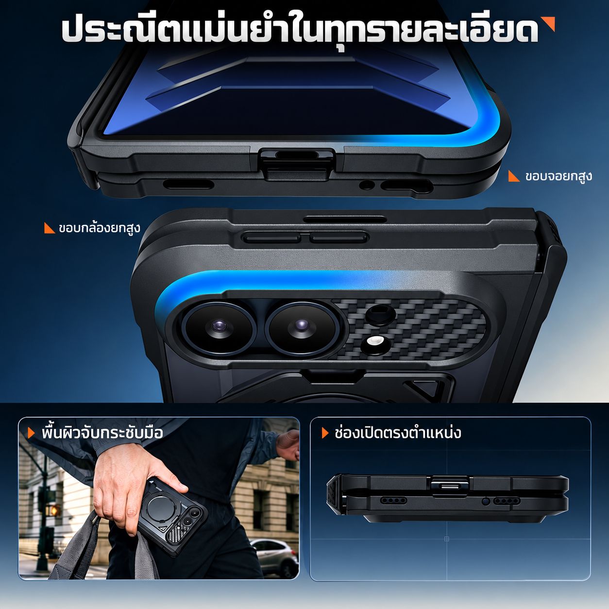 รายละเอียดขอบยกปกป้องหน้าจอและกล้อง พื้นผิวจับกระชับ และช่องพอร์ตของเคส UB Grip